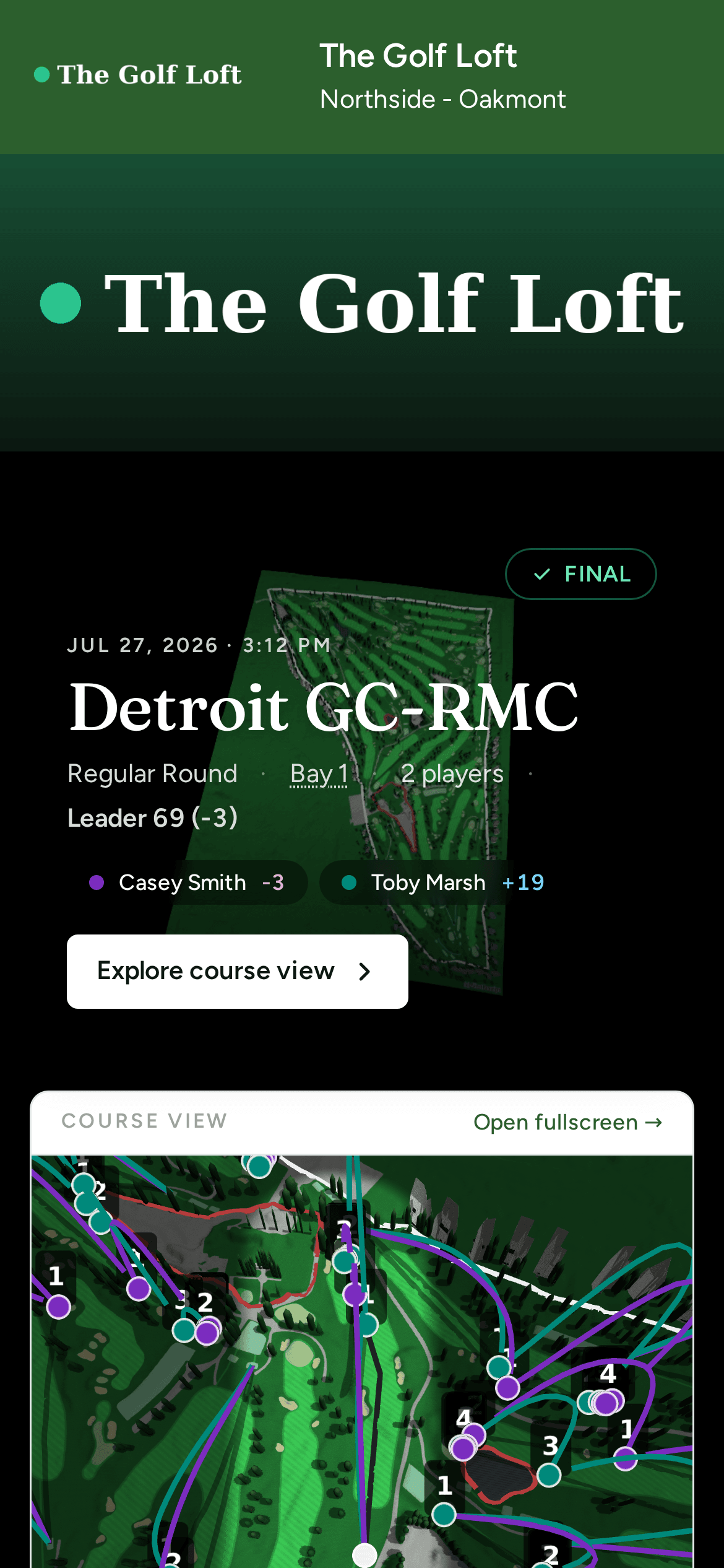 The share page on a phone: the venue's name across the top, the round, and the 3D course view